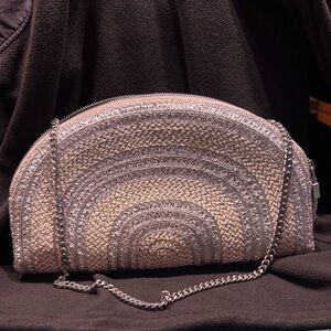 Eric Javits metallic silver white raffia clutch with chain